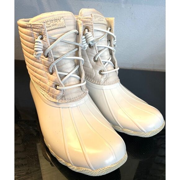 New Sperry Top Sider Saltwater  Ivory Chevron Quilted Shaft Nylon Duck Boots 10 - Picture 4 of 11